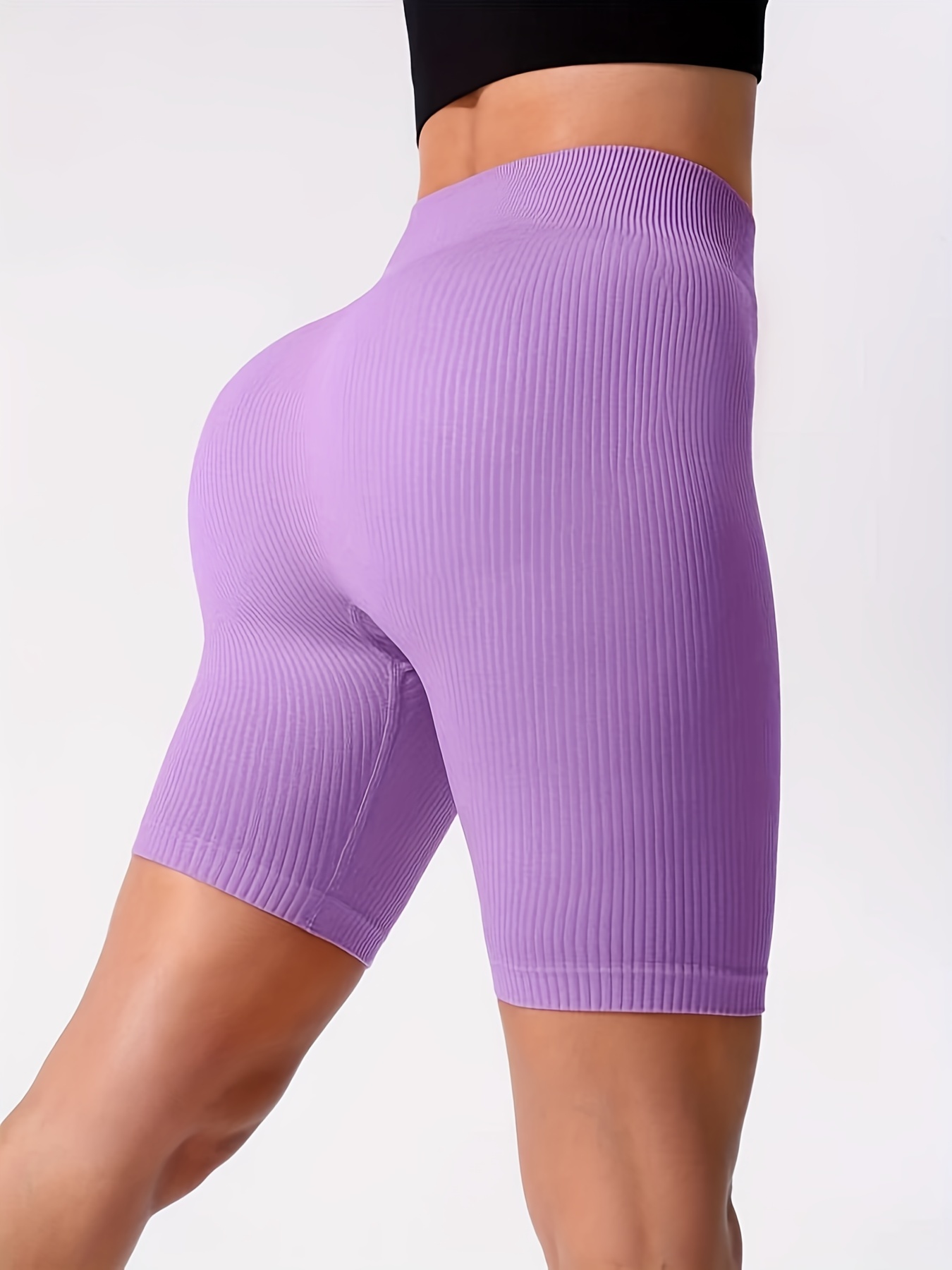 High Waist Yoga Shorts Women Solid Color Ribbed Fitness