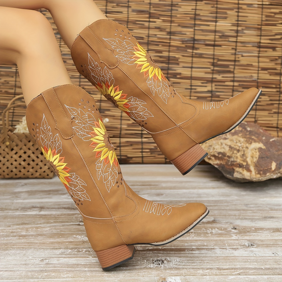 Women's Sunflower Embroidery Western Boots Retro V cut - Temu Canada