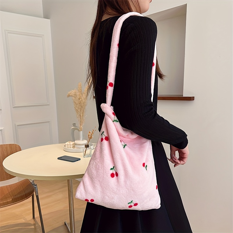 Plush Handbag With Faux Pearl Handle Stylish Fluffy Crossbody Bag