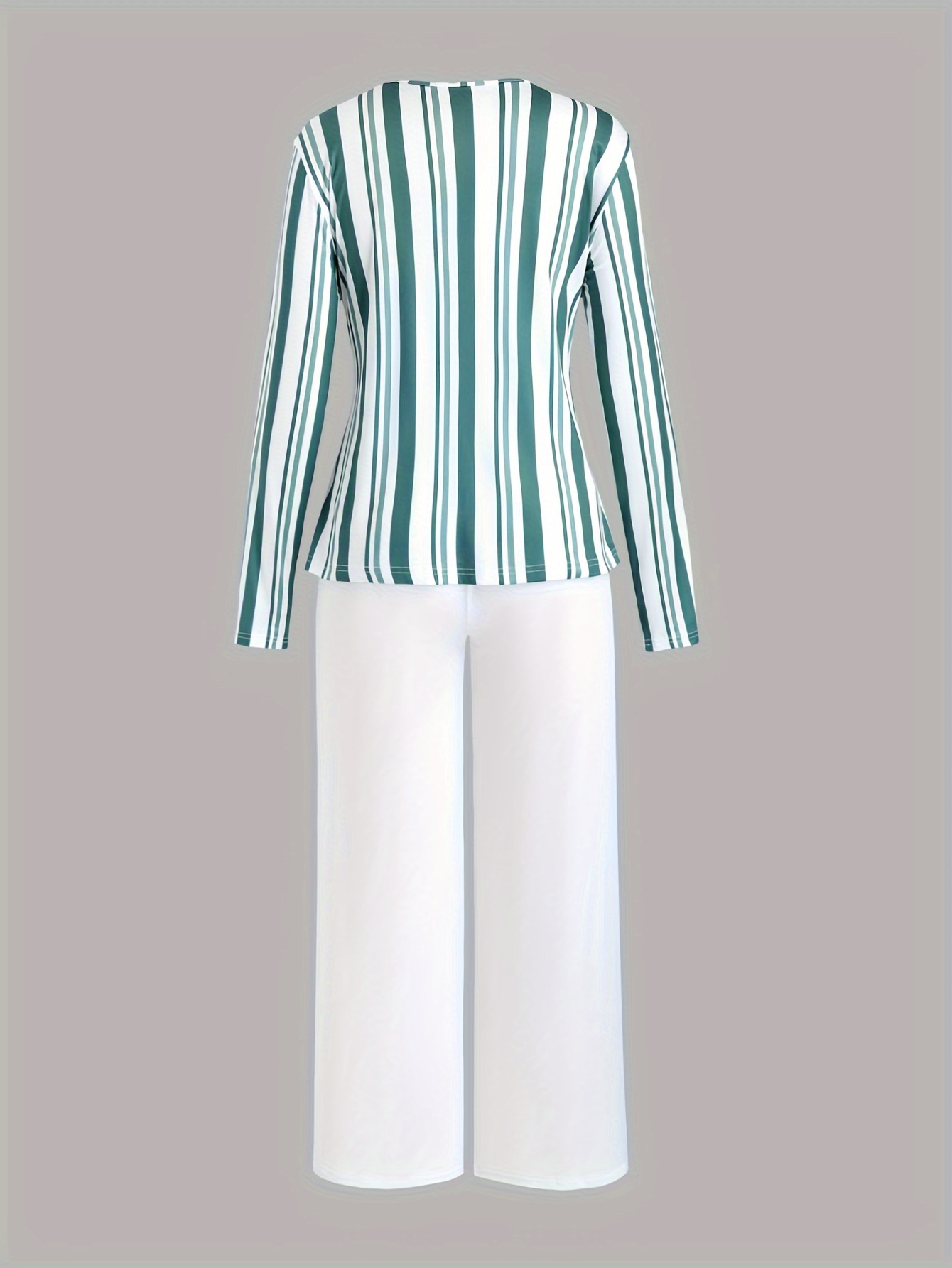 Casual Pajamas Set Women's Striped Print Tee & Solid Pants 2 Piece Set
