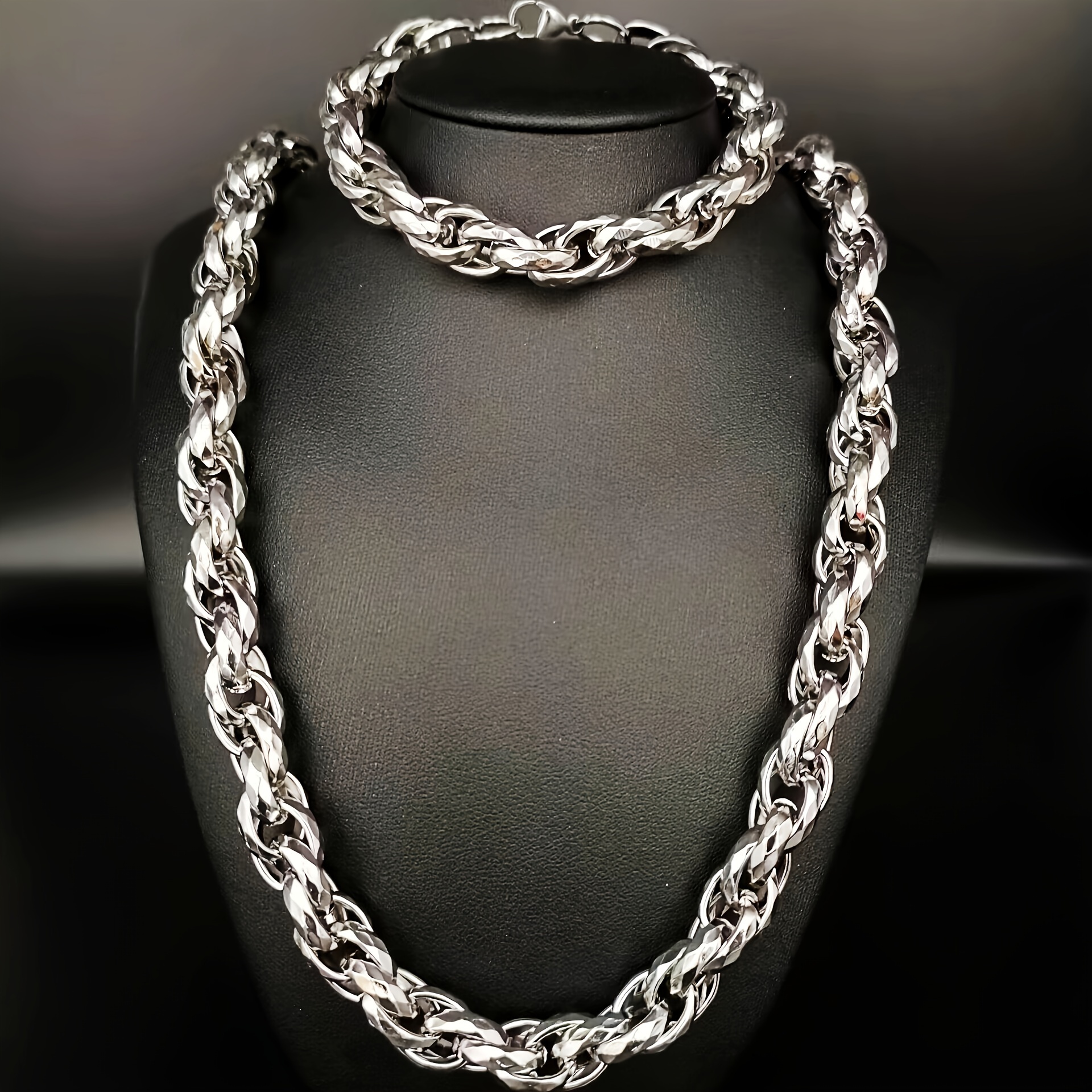TEMU 304 Stainless Steel 2pcs Bracelet+necklace, Men's Retro Fashion Hip-hop Jewelry Set As A Gift For Him