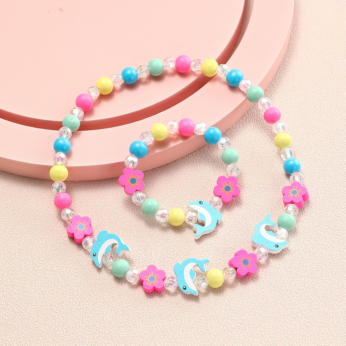 

2pcs Colorful Beaded Bracelet And Necklace Set, Wooden Beads With Unicorn/etc Charms, Girls' Jewelry, Kids' Party Favors, Play Dress-up Accessories