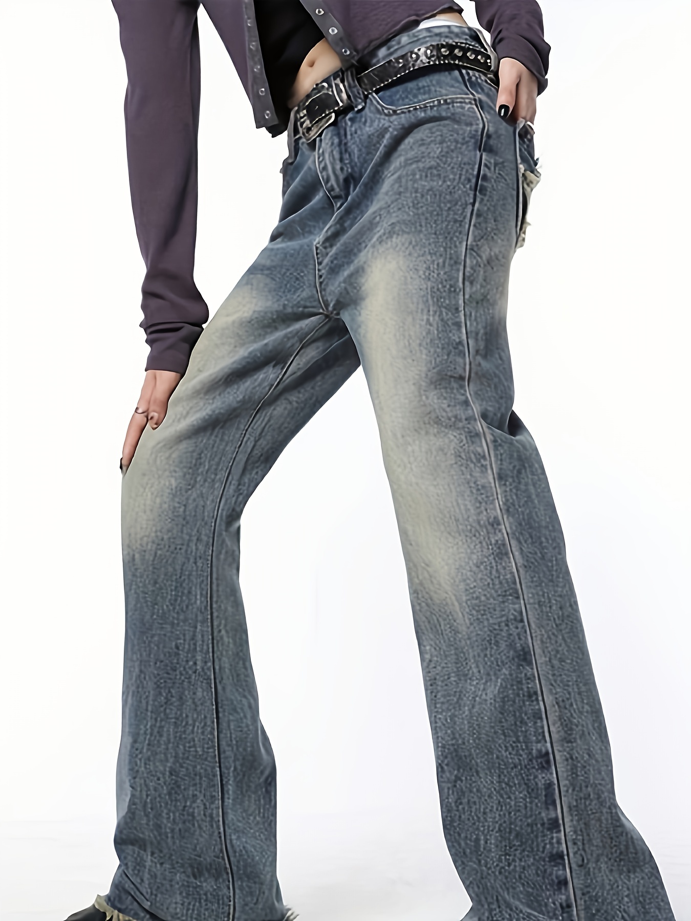 Star * Seam * Patch Pocket Flare Jeans, Frayed Hem Vintage Washed Faded  Bell Bottoms Y2K Street Style Denim Pants, Women's Denim Jeans & Clo