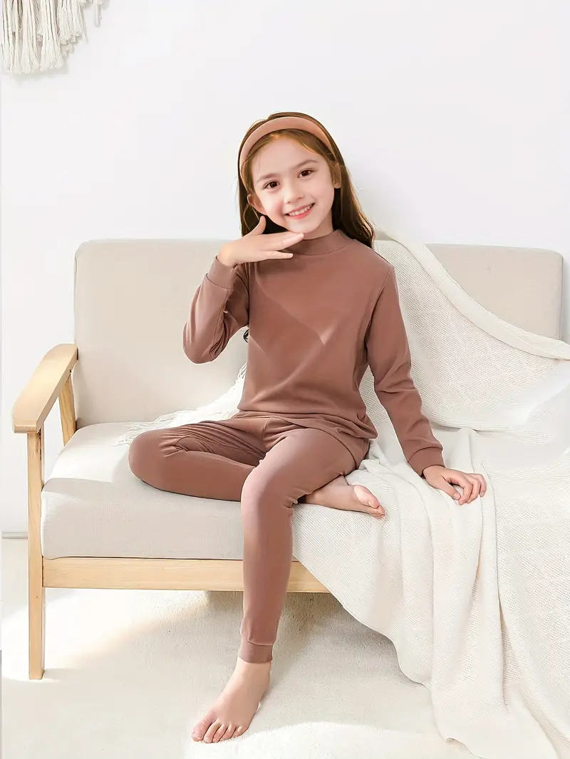 Toddler Girl's Thermal Outfits Solid Color Mock Neck Top - Temu