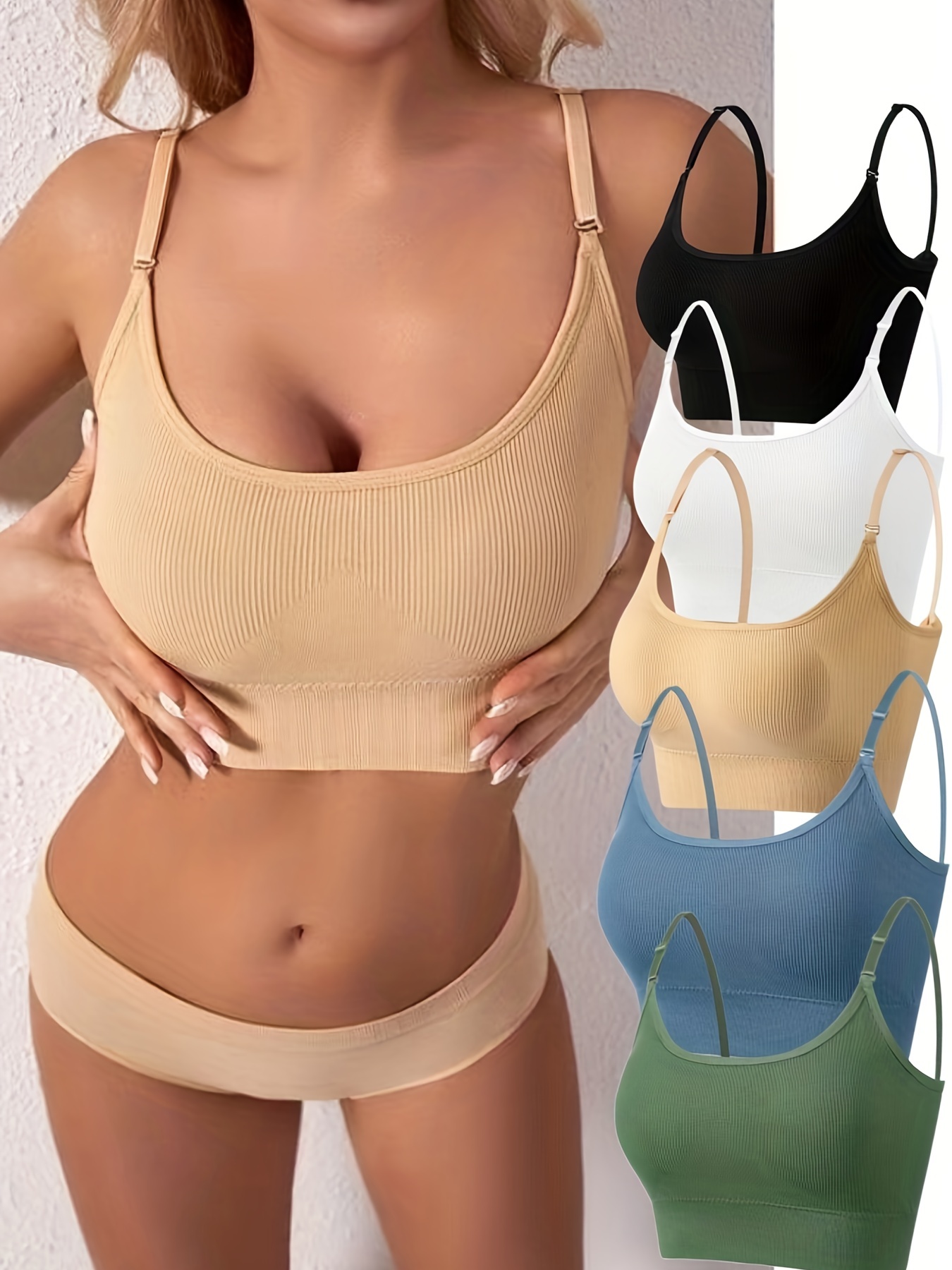 Simple Solid Ribbed Bra Comfy Breathable Padded Bra Women's - Temu