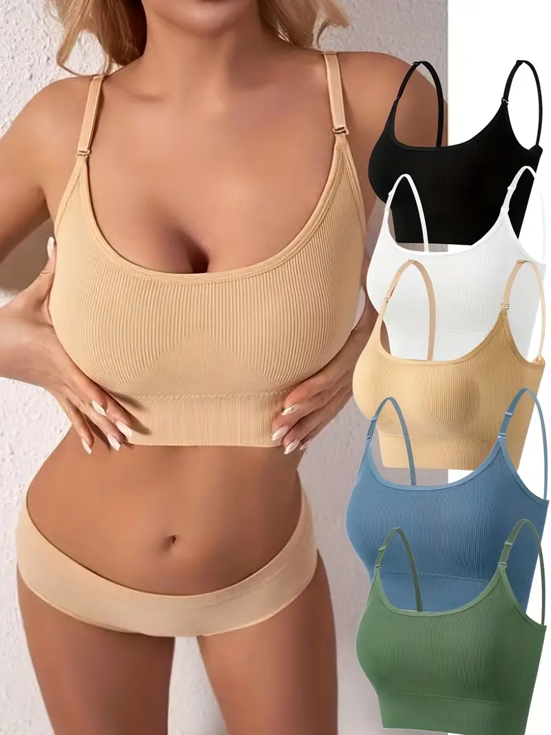 5pcs Solid Ribbed Push Up Bras, Comfy & Breathable Intimates Bra, Women's  Lingerie & Underwear
