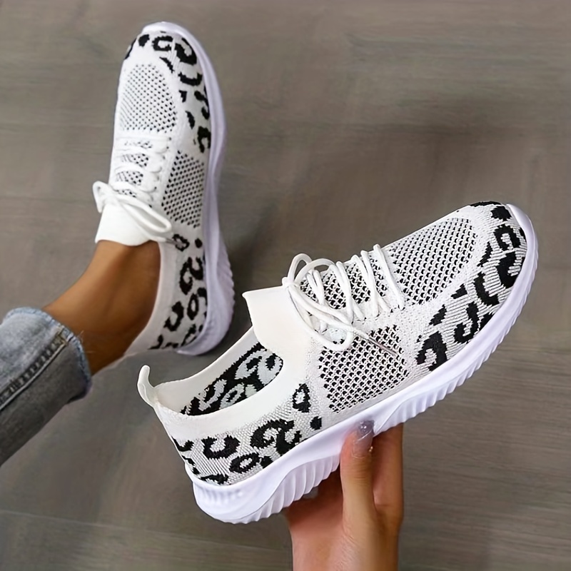 Women's Leopard Print Sneakers Breathable Flying Woven - Temu