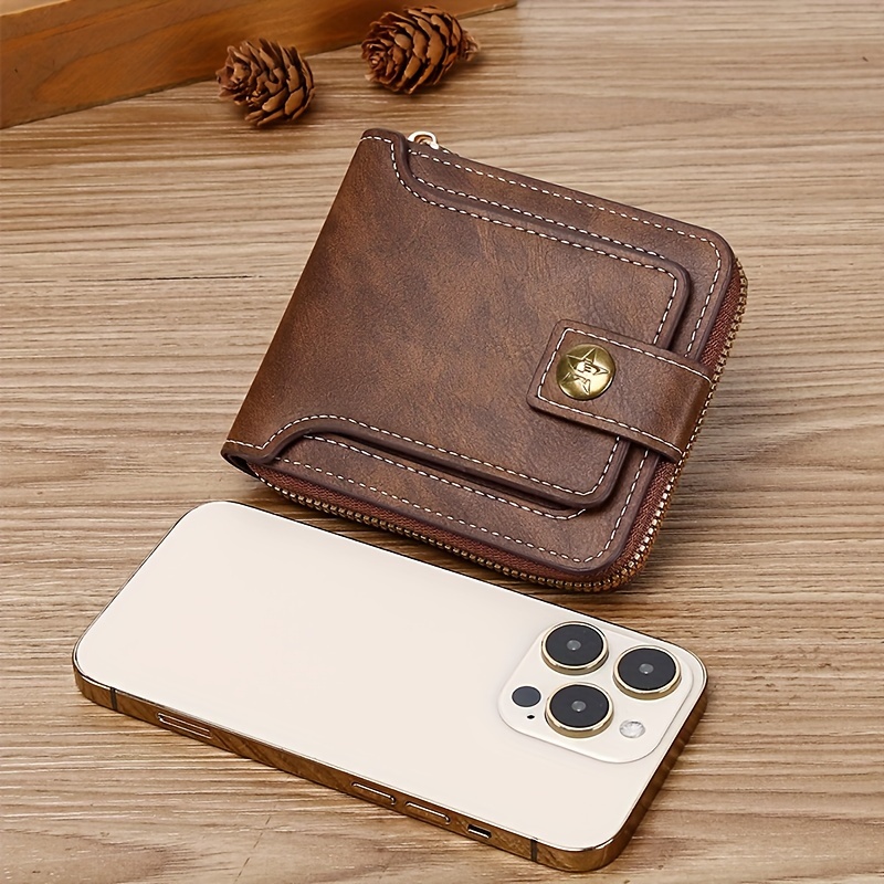 1pc Men's PU Button Decor Zipper Bag, Small Credit Card Holder, Bifold Wallet, Simple Portable Wallet