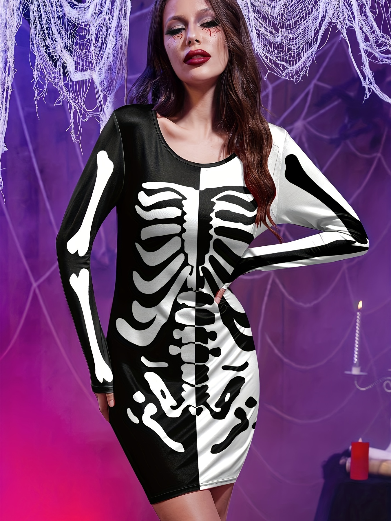 Skeleton Print Halloween Dress Casual Crew Neck Long Sleeve - Temu