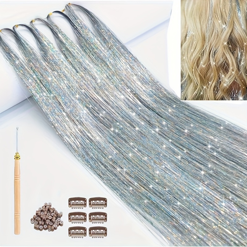 Silver Hair Tinsel Kit with Tools 1200 Strands Hair Tinsel Heat Resistant  Fairy Hair Tinsel Kit 47 Inch Sparkling Glitter Tinsel Hair Extensions Hair  Tensile for Halloween Christmas New Year Party (Shining Silver)