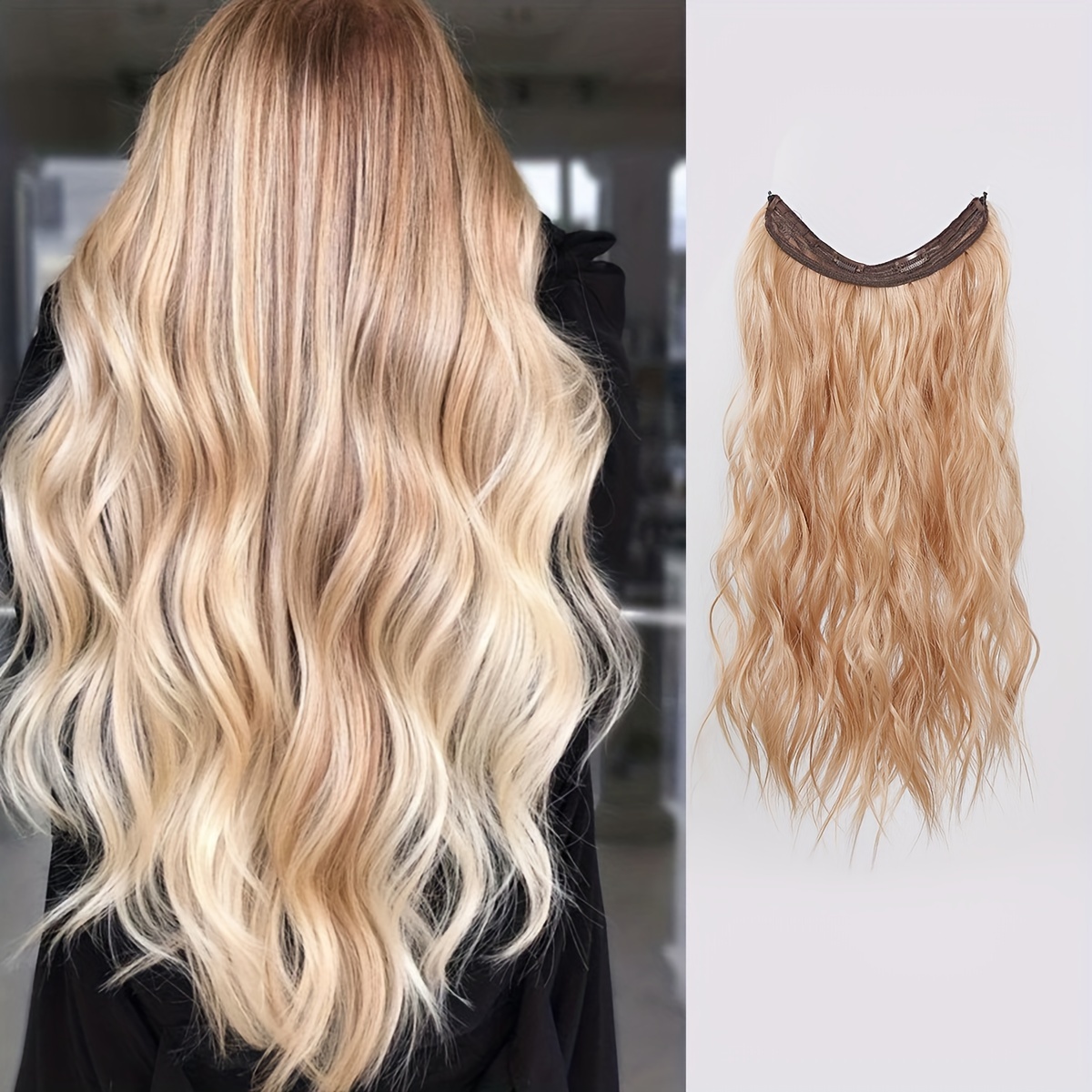 Long Wavy Invisible Wire Hair Extensions Synthetic Hairpiece With Transparent Wire Adjustable Size, Light Ash Brown With Blonde Highlights Hair