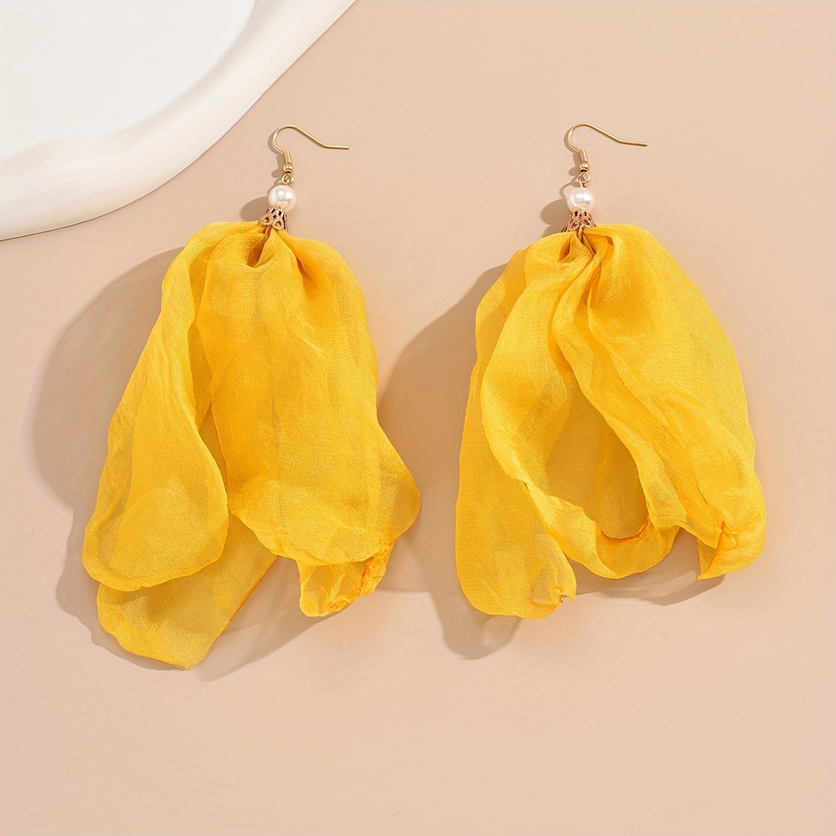 Green Yellow Fabric Flower Earrings with Faux Pearl Dangle