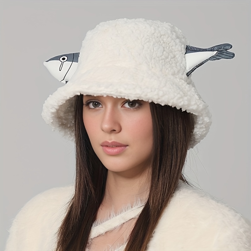 Funny Fish Fuzzy Bucket Hat Women Solid Color Thick Basin - Temu