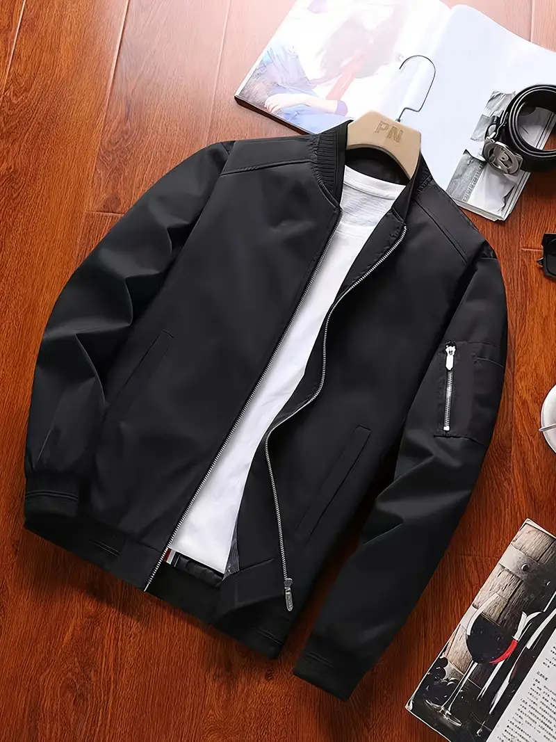 Classic Design Jacket, Men's Casual Stand Collar Solid Collar Zip Up Jacket  For Spring Fall
