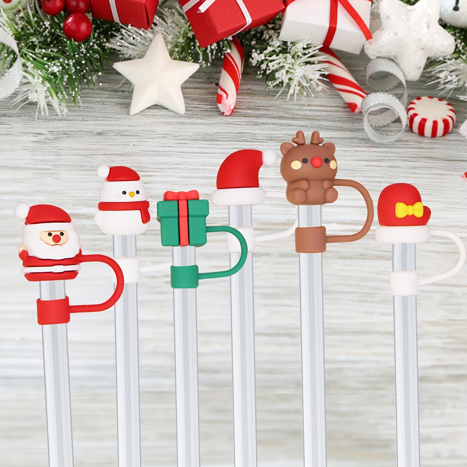 Christmas Straw Cover Caps, 6 PCS Christmas Theme Straw Cover for Stanley  30&40 Oz Tumbler, Reusable Silicon Christmas Straw Toppers Cute Straw Caps