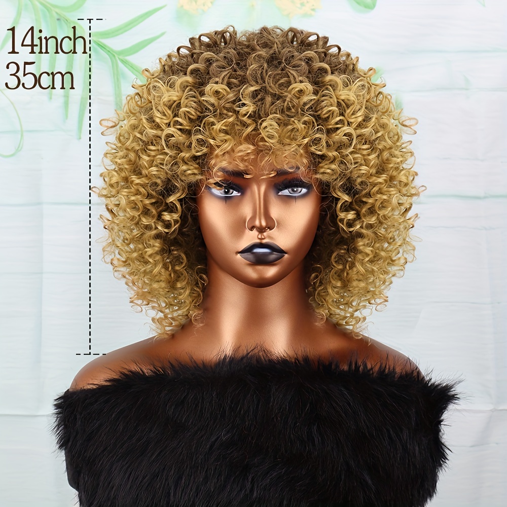 Fluffy Golden Afro Curly Wig Bangs Short Kinky Synthetic Wig Temu