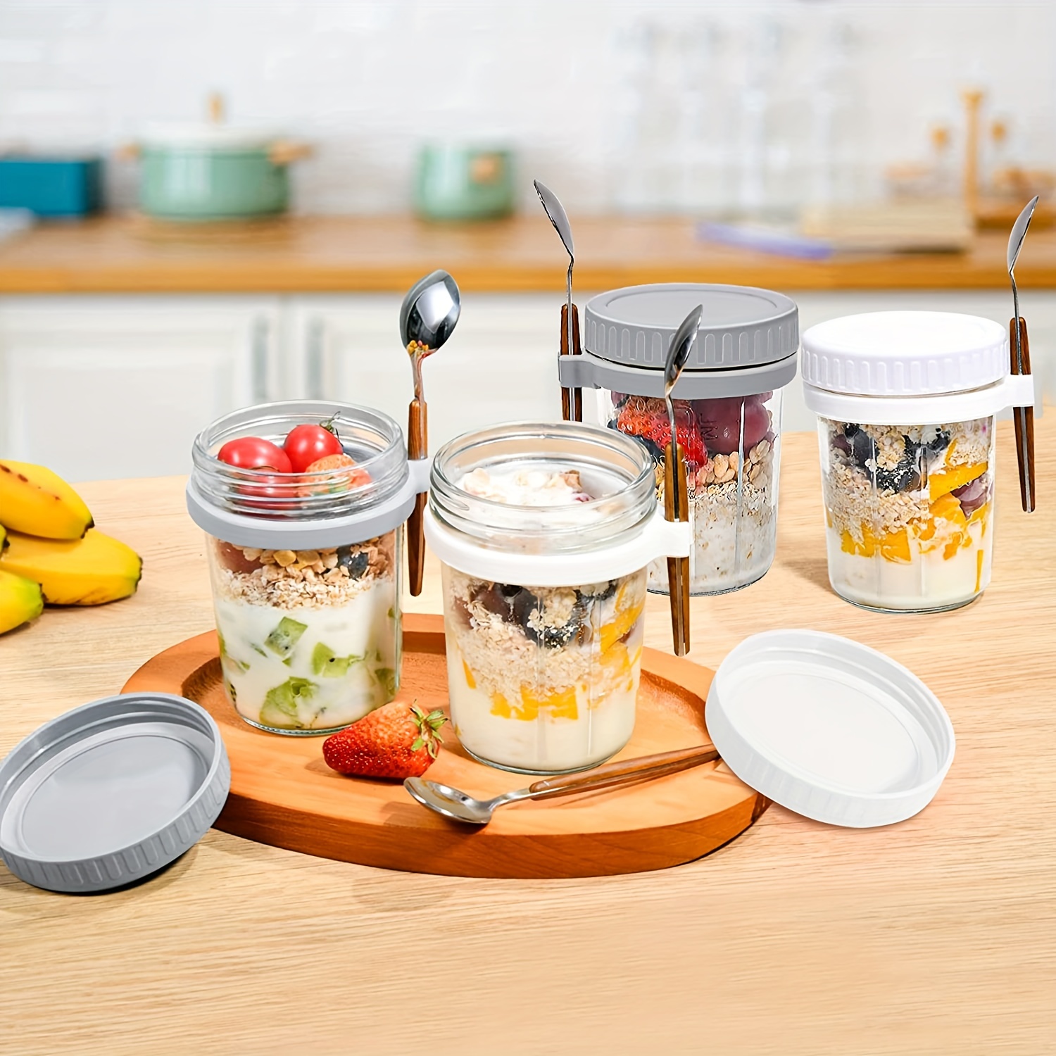 Mason Jars With Silicone Lid And Spoon, Glass Food Storage