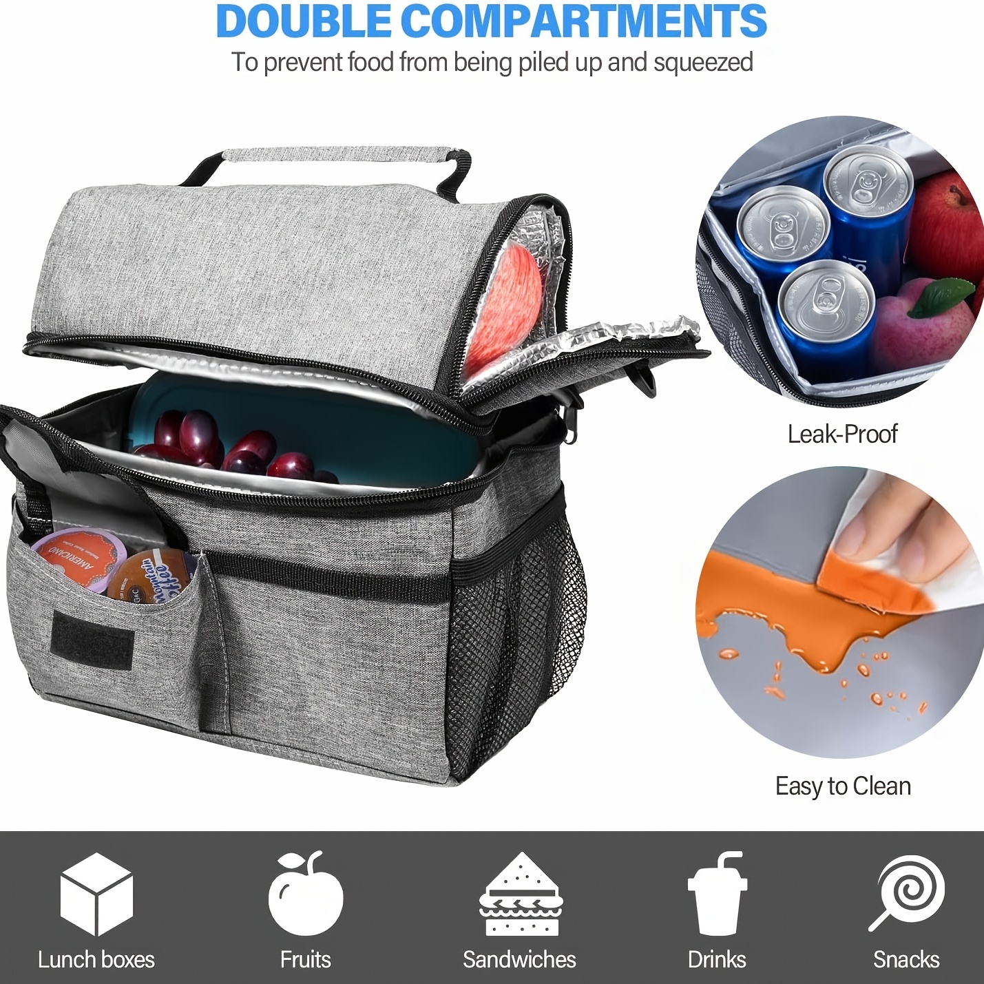 Insulated Lunch Bag Dual Compartment Cooler Lunch Box Tote School Picnic  Work