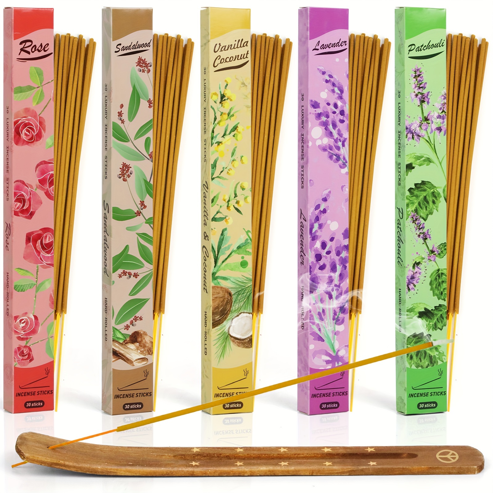1set, 150 Incense Sticks With Incense Holder, Sandalwood, Lavender, Rose,  Patchouli, Vanilla Coconut - Gift Set - Magic Hour, Meditation & Yoga Gift
