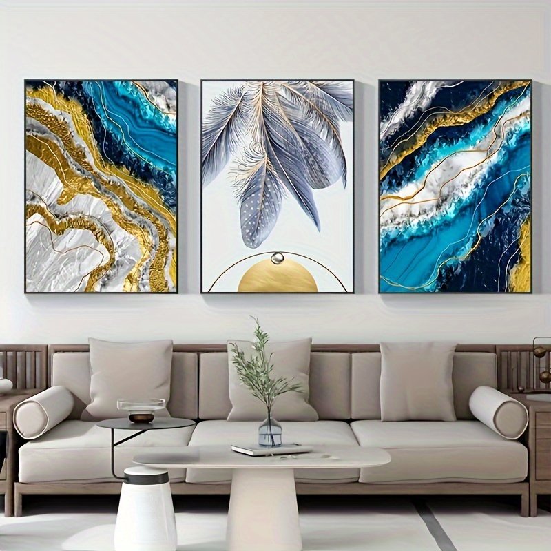 Canvas Print Abstract Feather Sea Wave Painting Modern Blue - Temu
