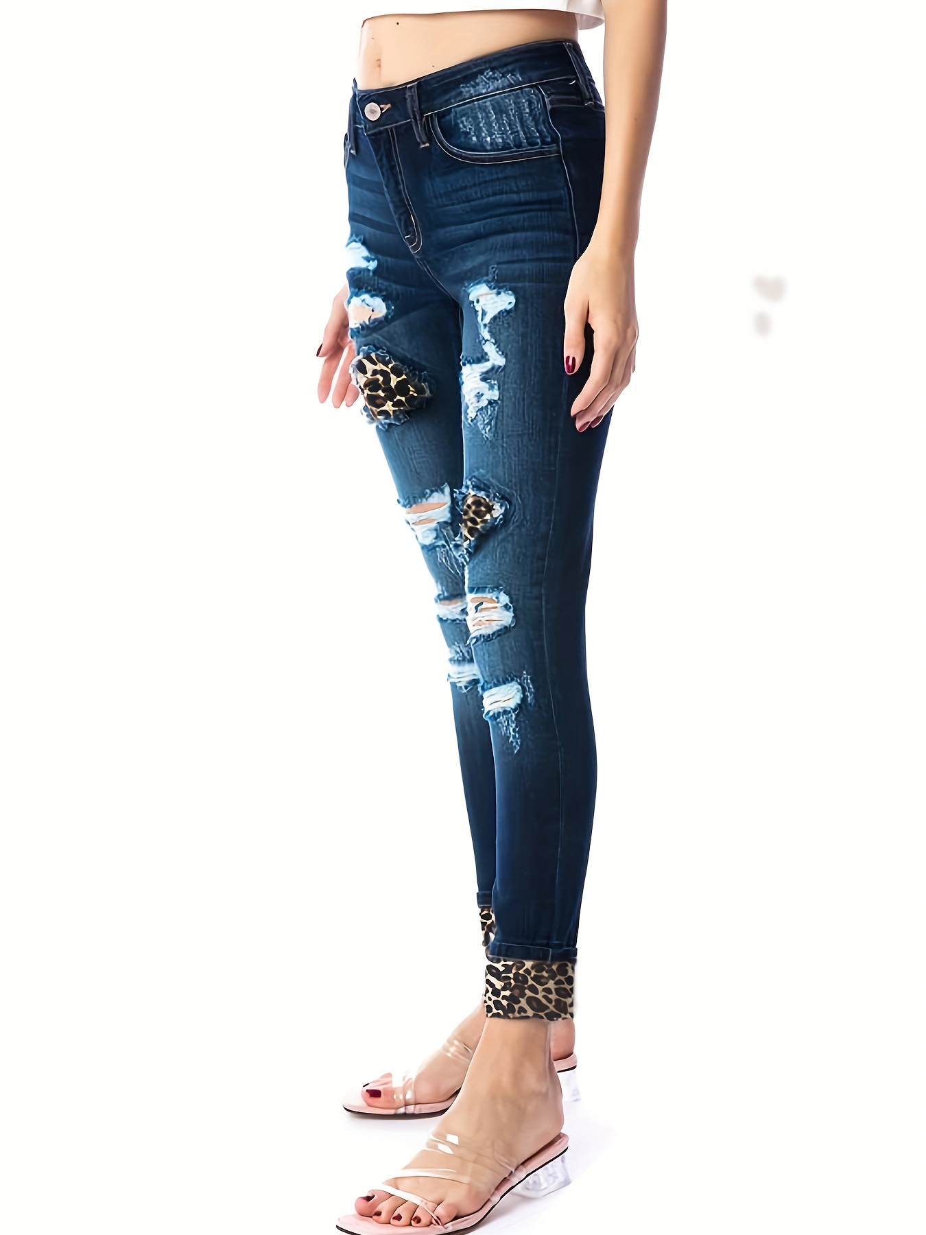 Colorblock Leopard Print High Rise Skinny Jeans