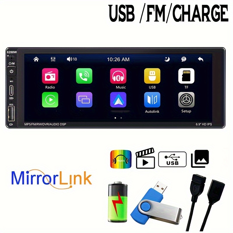 6.9 Inch Wireless Apple Carplay Car Stereo Single Din Touch Screen Car  Radio with Bluetooth 5.0 Support Android Auto Mirror Link FM EQ SWC, Car  Audio