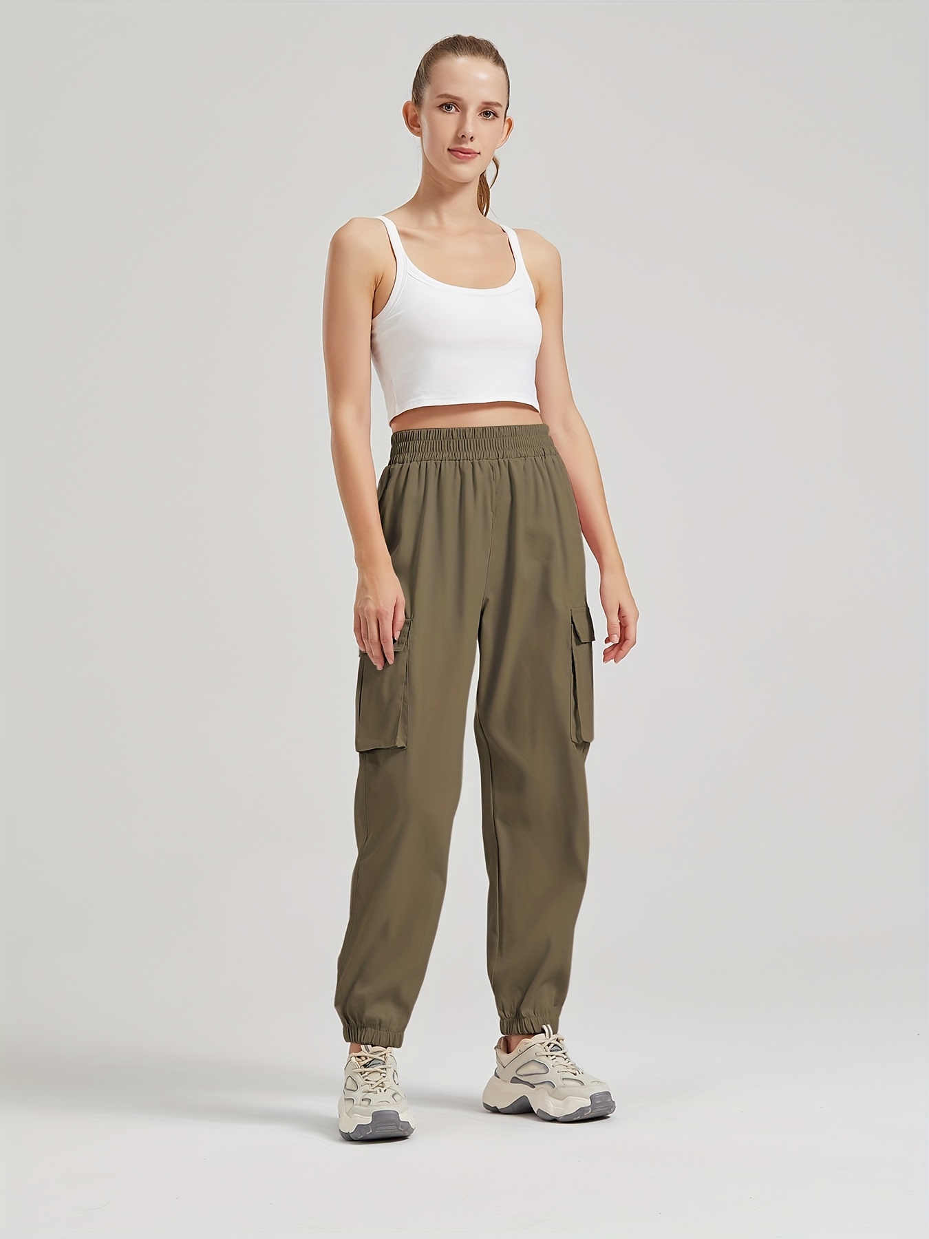 Solid Color Casual Joggers Sweatpant Cargo Loose High Waisted