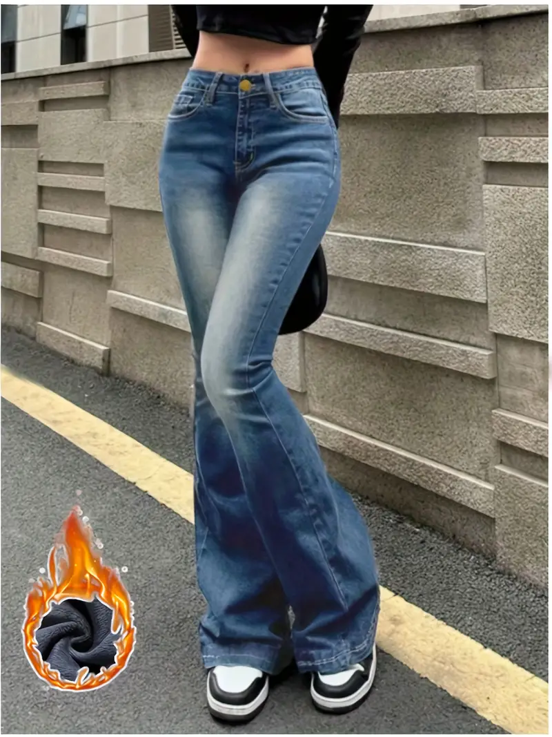 Fleece Liner Casual Flare Jeans High Stretch Slant Pockets - Temu United  Kingdom