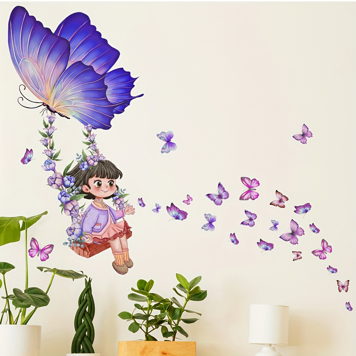 1 Pegatina Pared Artística Flores Luna Niña Patrón Mariposa - Temu