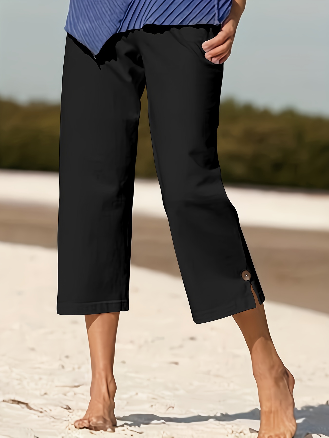 Solid Button Decor Capris Pants Vacation Style Comfy High - Temu