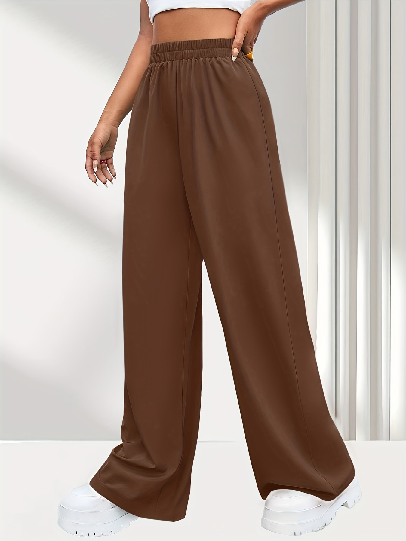 Women Ladies Elastic Waist Long Pants Wide Legs TrousersMBrown