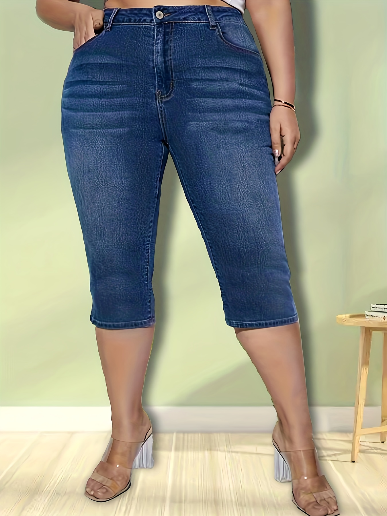 Plus Size Casual Jeans, Women's Plus Washed Button Fly High * High Stretch  Capri Jeans