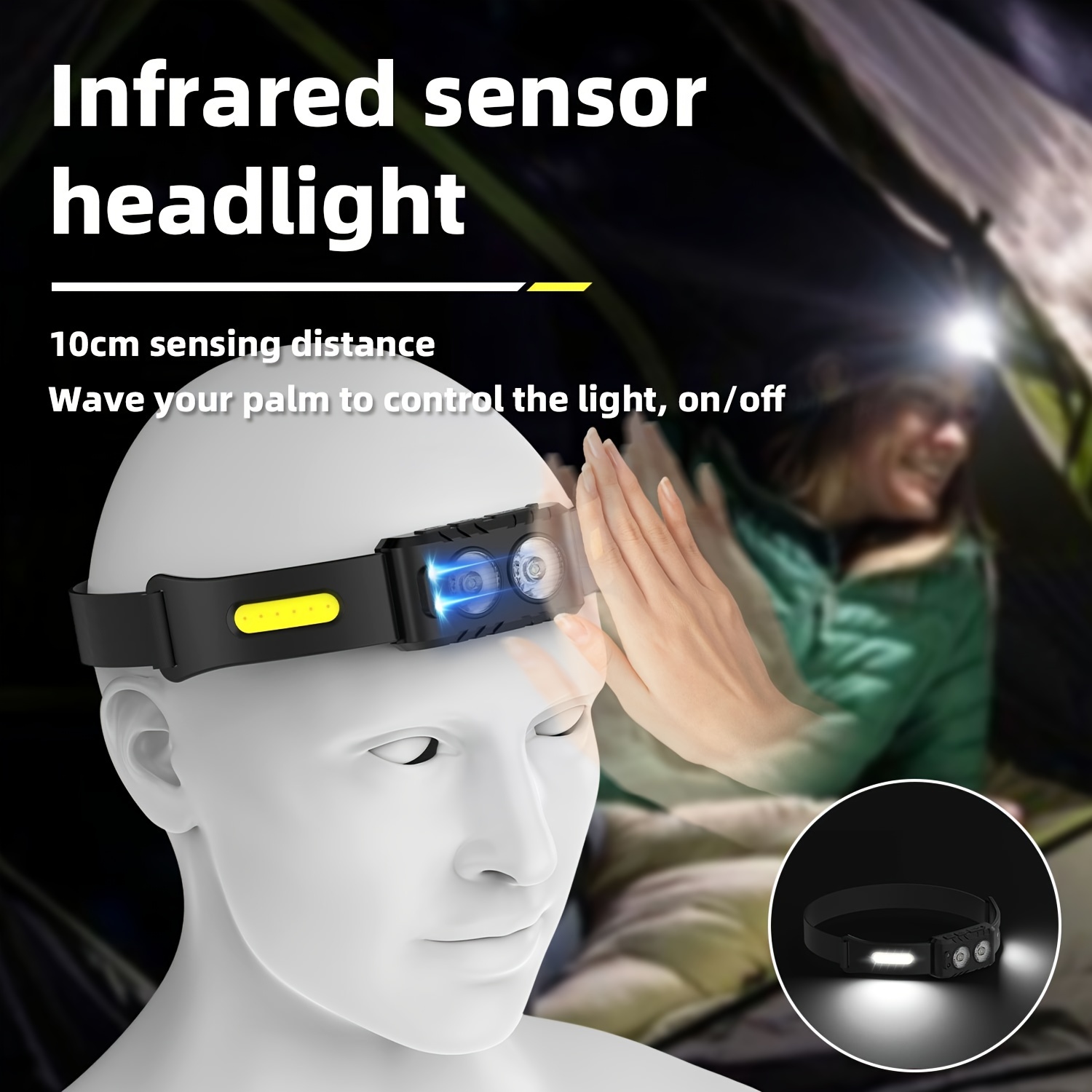 Linterna frontal recargable 2 unidades, 230° de haz ancho LED con sensor de  movimiento para adultos, accesorios de campamento, linterna impermeable