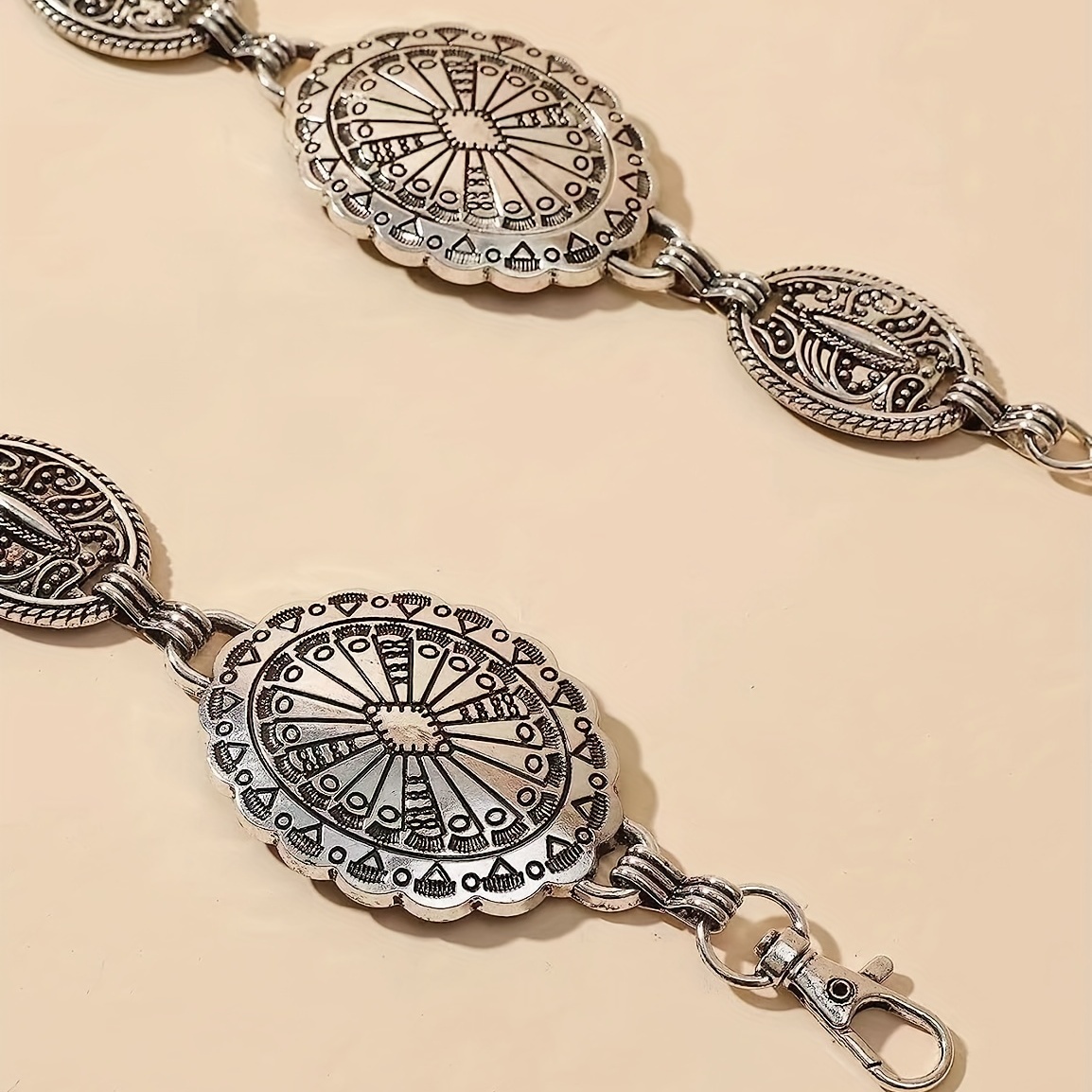 Vintage Metal Chain Engraved Belt Vintage Light Brown Genuine Leather Belt W/tooled Engraved  main image 3