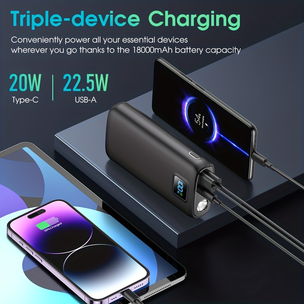 Power Bank -27000mAh Portable Phone Charger, SCP 22.5W, PD 20W And QC 4.0  Fast Charging, Two Built-in USB/USB C Input/output Port Cables, Led Digital