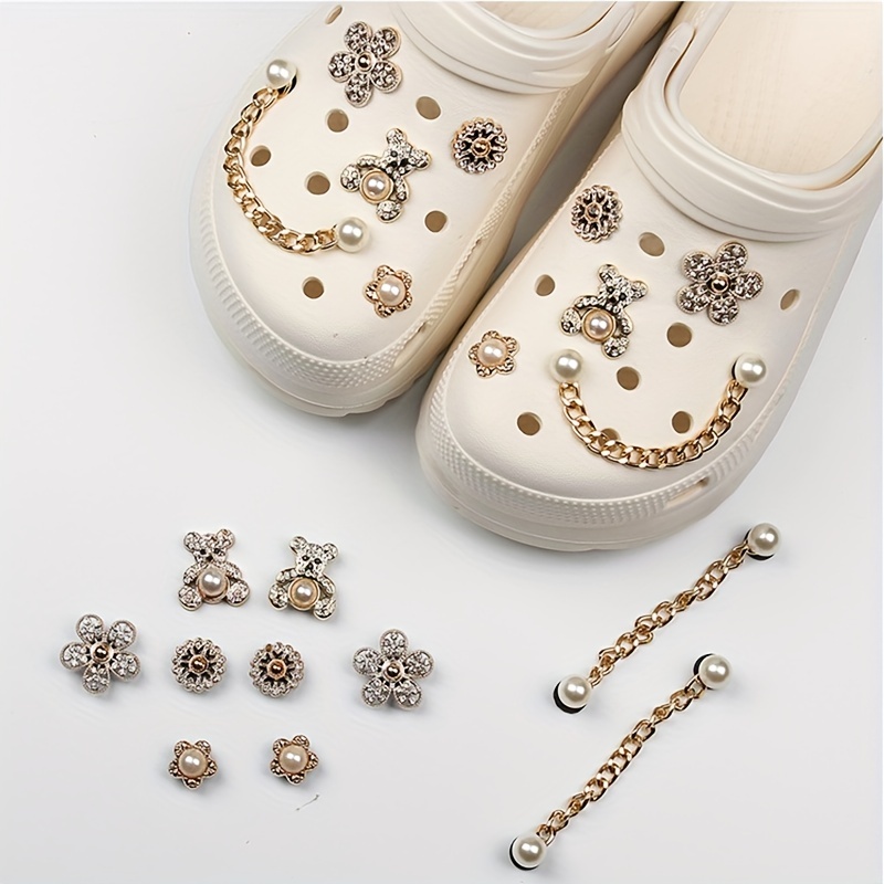Shoe For Charms For Girls Women, Designer Jewelry Shoe Charms Pearl  Artificial Diamond Chain Shiny Butterfly Flower Charms Decoration, Golden Charms  Accessories Clog Sandals Chains For Shoe Decoration - Temu