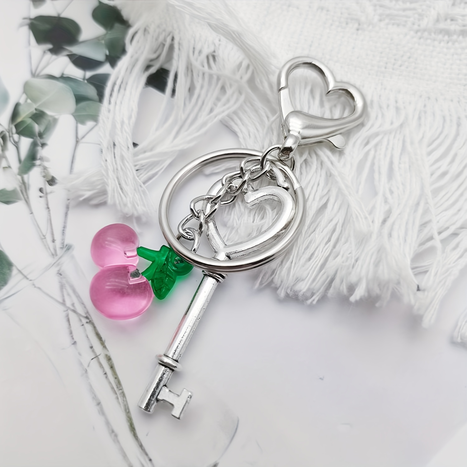 Cute Cherry Keychain with Heart Clasp, Lovely Heart Keyring Charm, Keychain  Accessories for Women and Girls