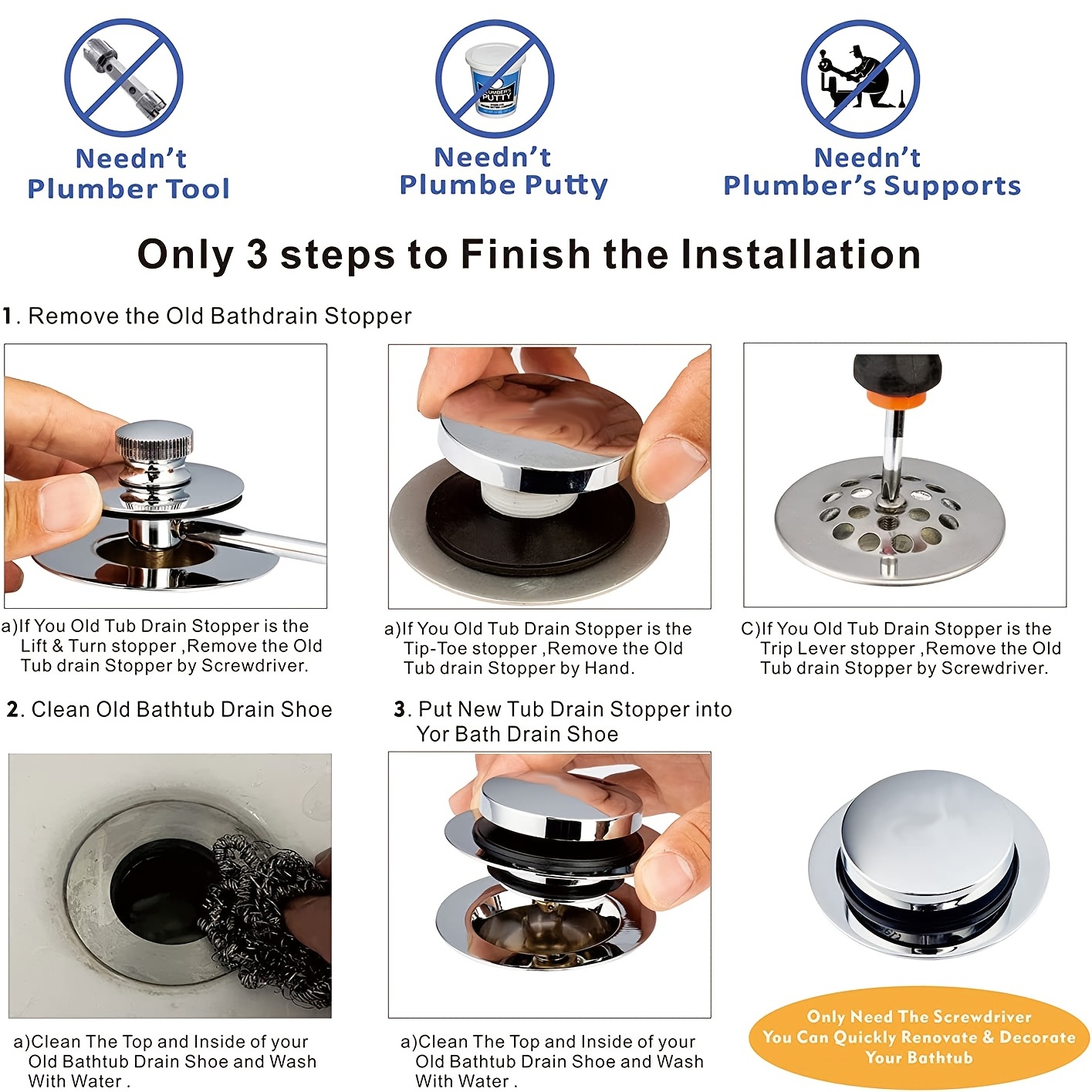 Lift & Turn Bathtub Drain Stopper - Tub Drain Stopper | Assembly Kit with  Strainer and Stopper | Bath Tub Drain Stopper Replacement Fit Both 1-1/2  Or