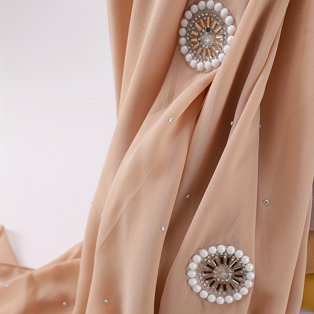 Faux Pearl Chiffon Hijab Scarf Solid Shawl Head Wrap Turban for Women