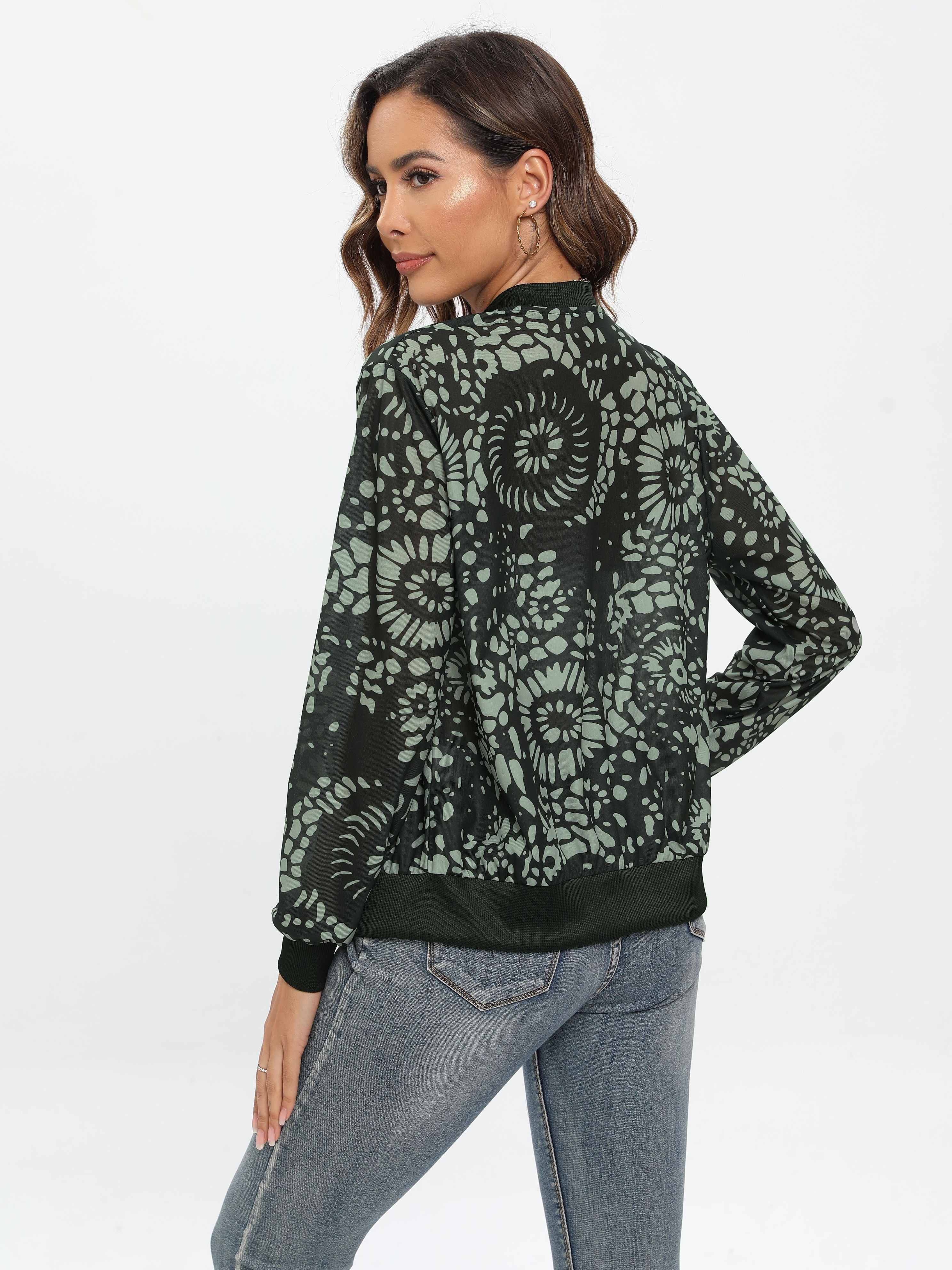 Plant Print Semi-sheer Lightweight Jacket, Casual Zip Up