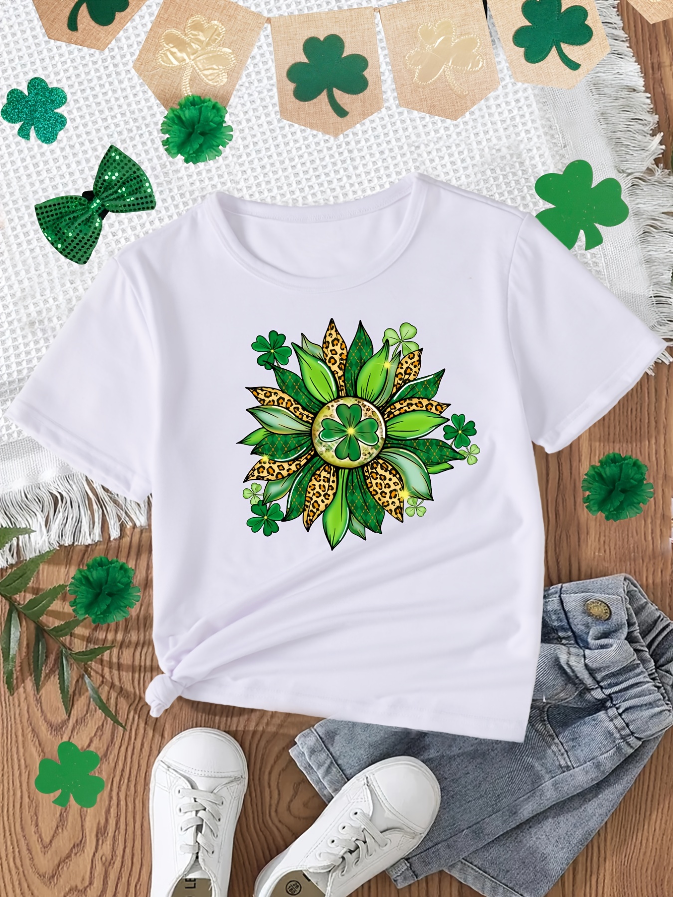 Womens St Patricks Day Shirt Short Sleeve Shamrock Leaves Plus Size Tops  Round Neck Summer Fashion St Patricks Day Shirts