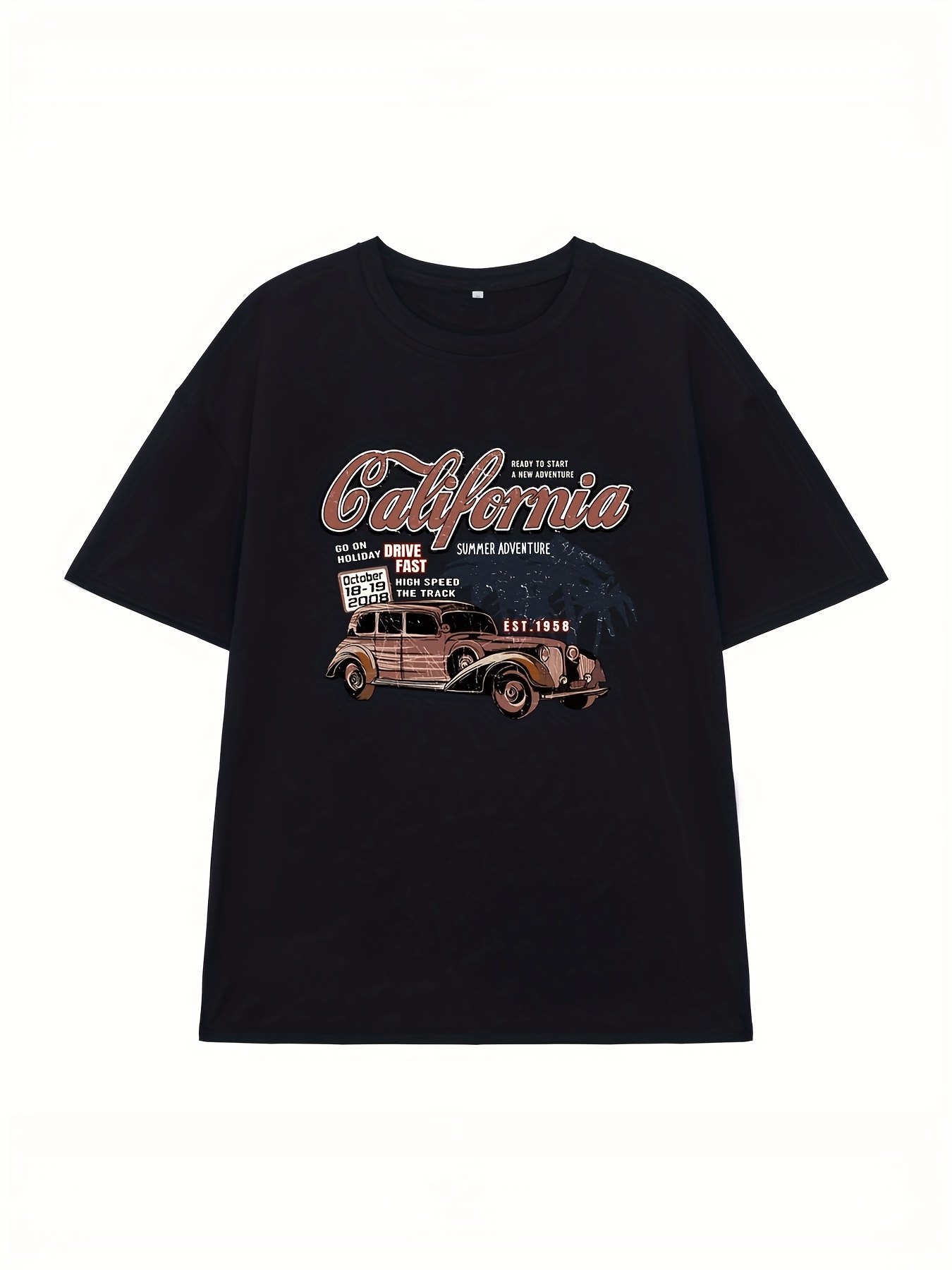 Vintage Car Letter California Pattern Print Men's T shirt - Temu