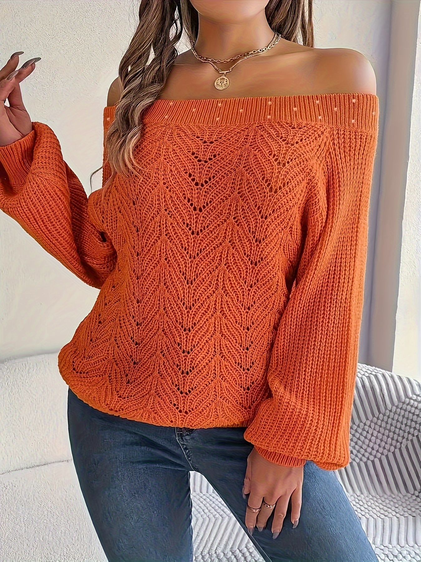 Off the shoulder lantern sleeve pullover sweater hotsell