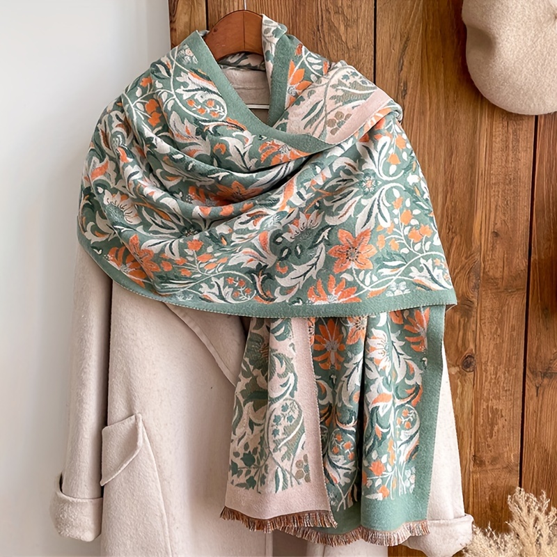 1pc Women's Vintage Flowers Jacquard Faux Cashmere Warm Scarf, Long Shawl  Suitable For Daily Wear In Autumn And Winter