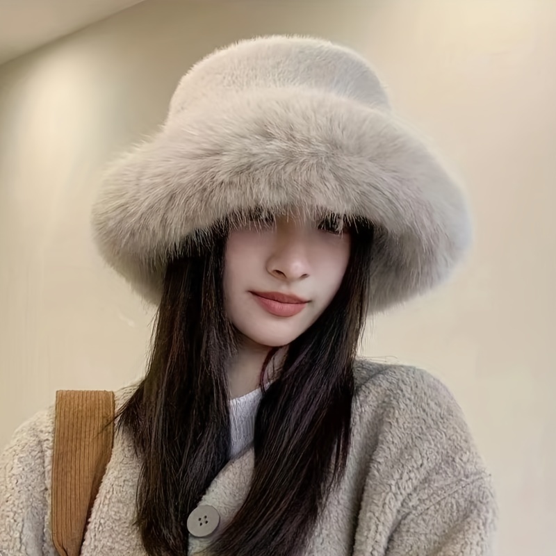 Wide Brim Fluffy Bucket Hat Elegant Faux Fur Large Basin Hats Solid Color Coldproof Warm Fisherman for Women Autumn & Winter,Temu