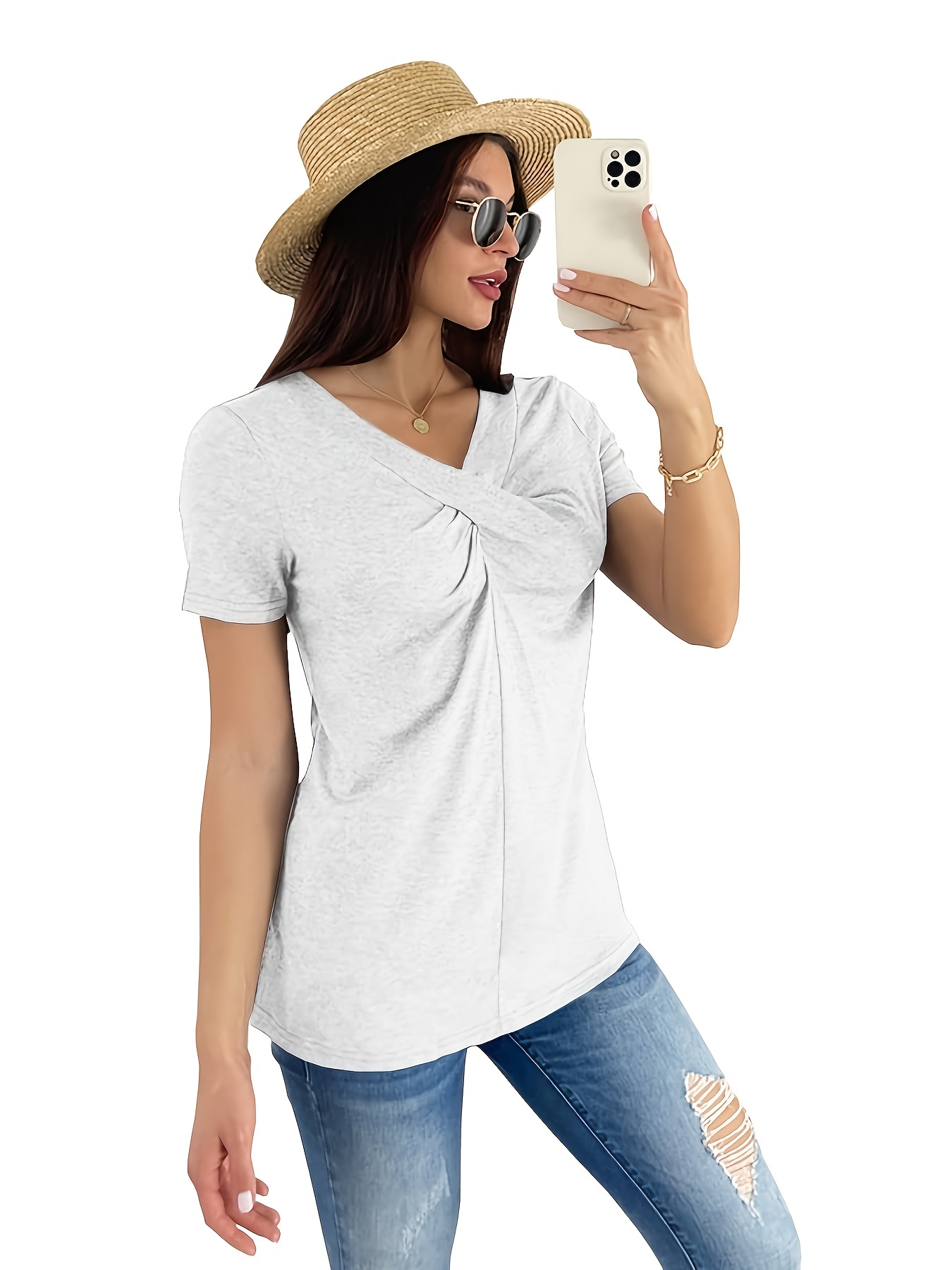 Knot Tunic V Neck T-shirt, Casual Loose Short Sleeve Fashion