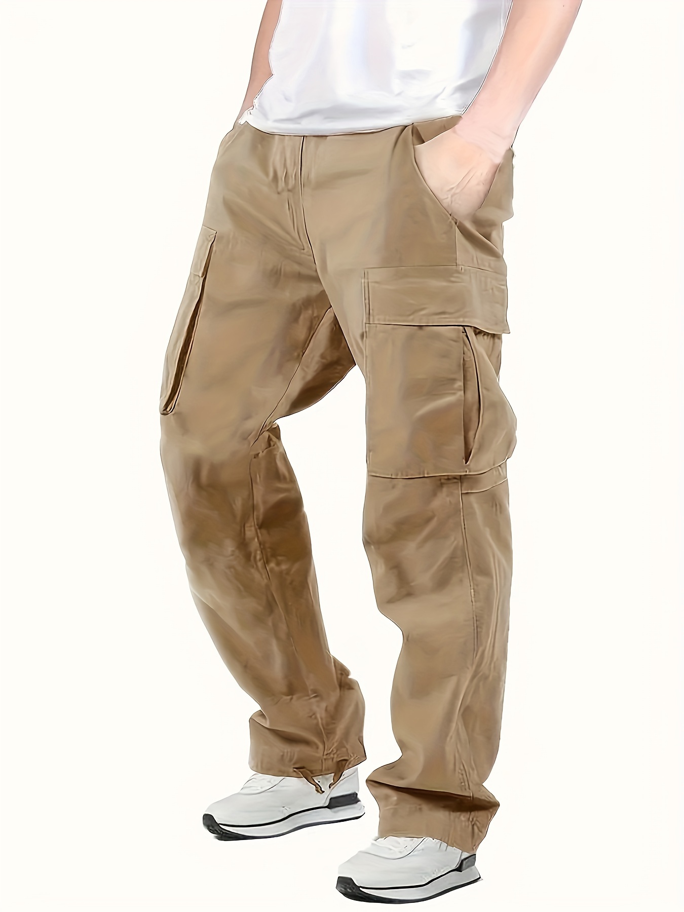 Solid Cotton Blend Multi Flap Pockets Men's Straight Leg - Temu