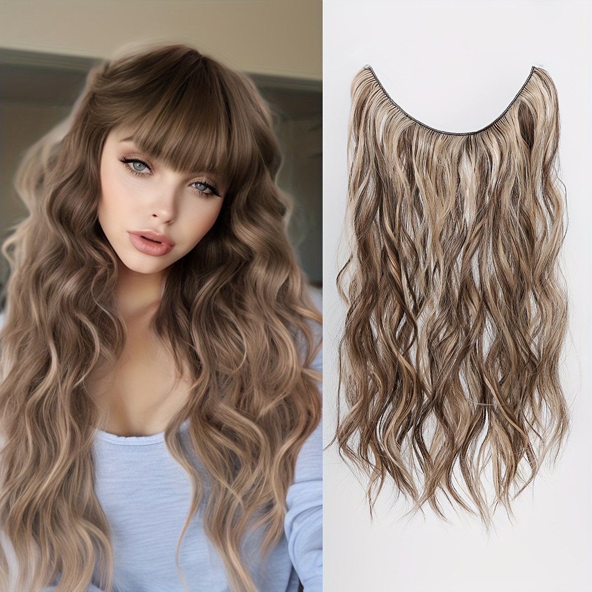 Long Wavy Invisible Wire Hair Extensions, Human Hair Extensions Synthetic Hairpiece with Transparent Wire Adjustable size, Light Ash Brown with