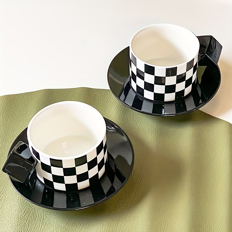 Ceramic Coffee Mug With Saucer And Spoon, Plaid Pattern Coffee