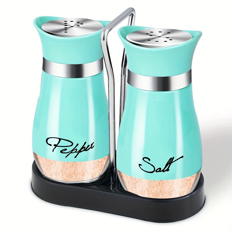 Teal Salt and Pepper Shakers with Glass Bottom, Stainless Steel